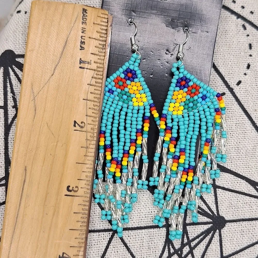 Western beaded earrings Turquoise tribal design dangles fringe tassel